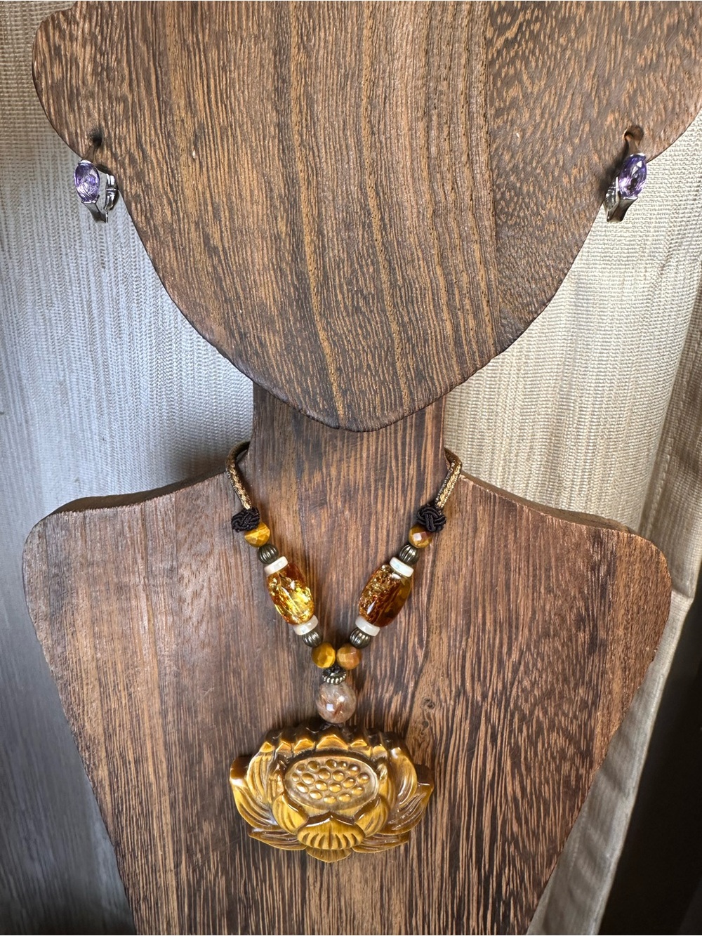 Tiger’s Eye Lotus Pendant Necklace with Golden Rutile and Amber on Rope - Picture 13 of 16